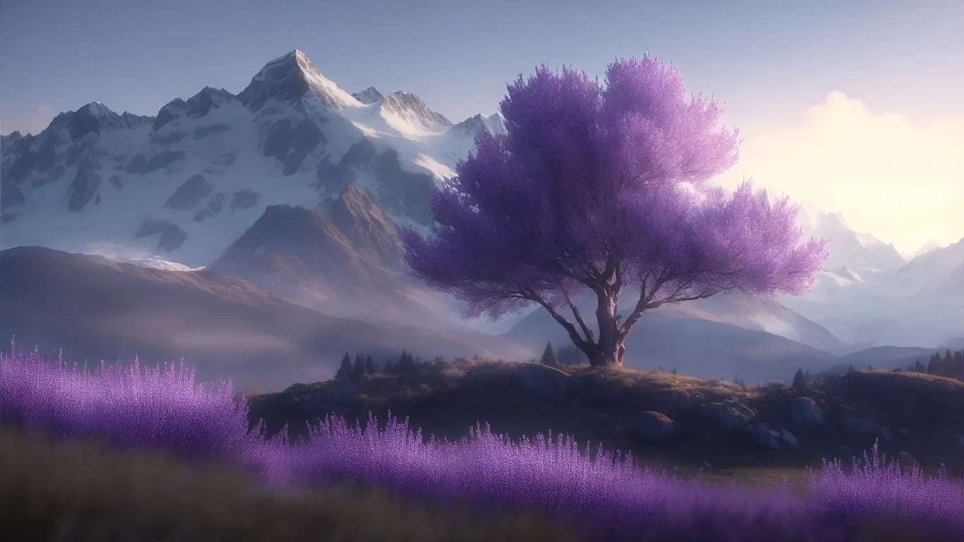 Mystical purple tree in front of snowy mountains