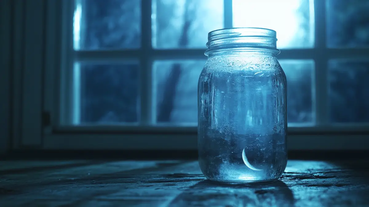 A clear mason jar filled with water sitting on a win 3